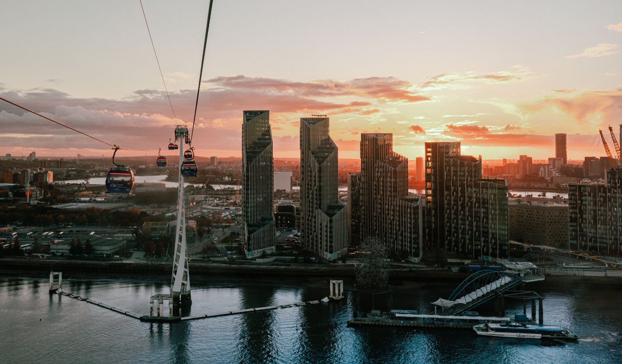 Viewd of Greenwich Peninsula at sunset from the IFS Cloud Cable Car